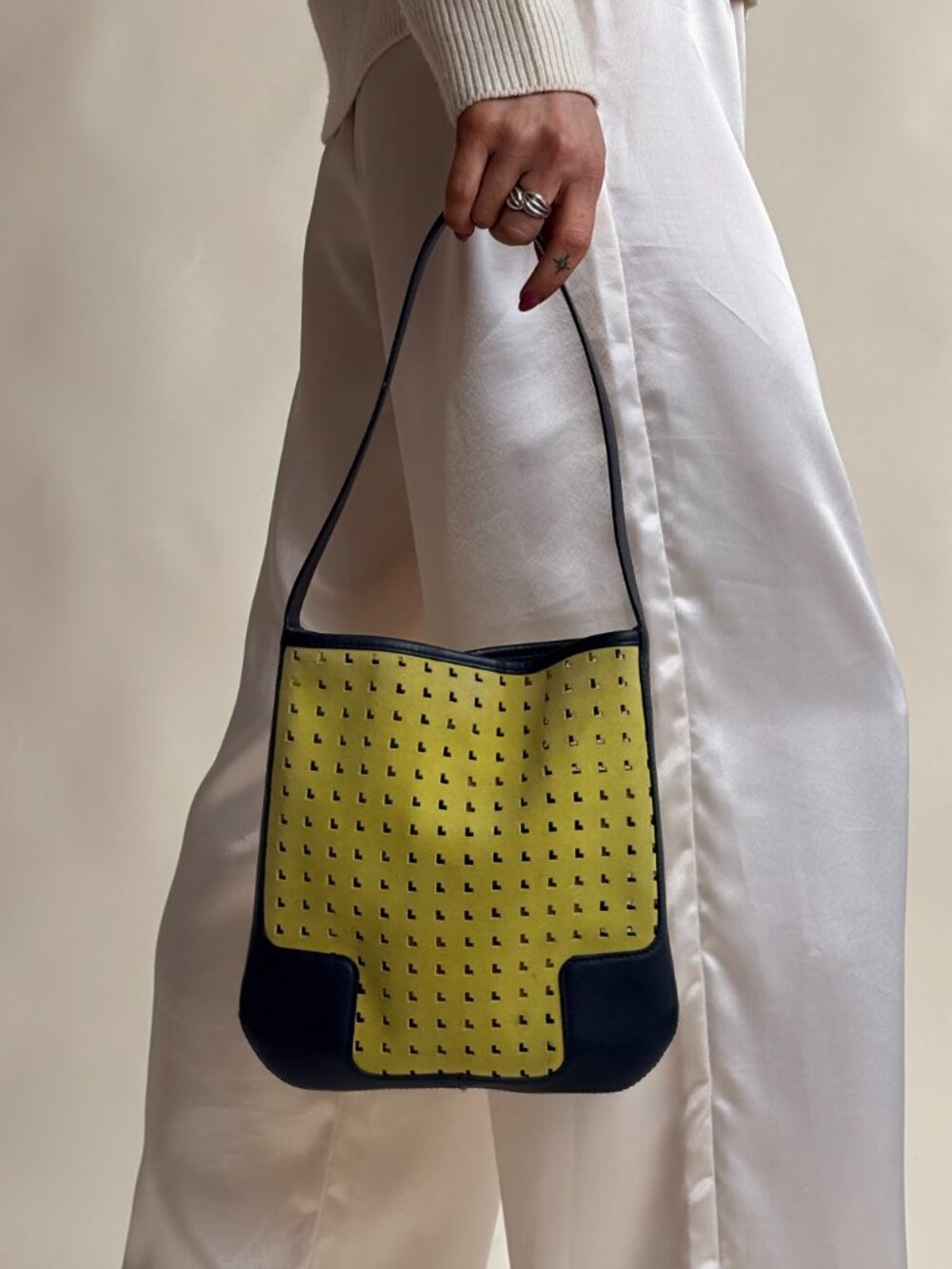 Loewe Suede Perforated Shoulder Bag - Yellow, Black Leather Trim